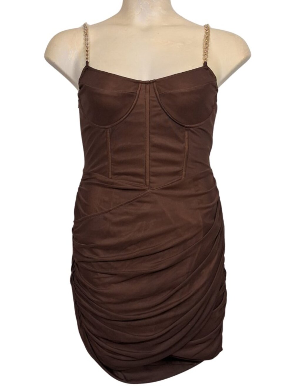 PRETTYLITTLETHING Corset Bodycon Dress Chain Strap Chocolate Brown 12 NWT